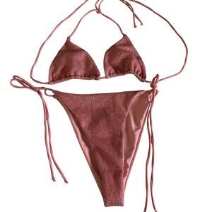 PRETTYLITTLETHING Bikini Swimsuit String Pink Metallic Checky‎ Tie Sides Sexy